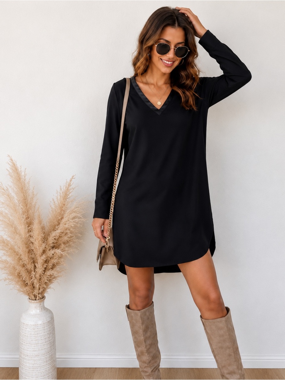Vince Black Faux Leather Trim V-Neck Tunic Dress Size 8